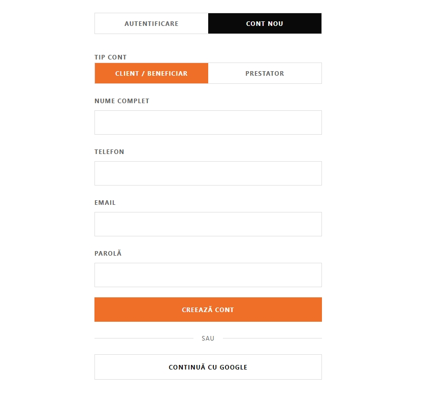Formularul de cont nou, cu alegerea între Client / Beneficiar și Prestator
