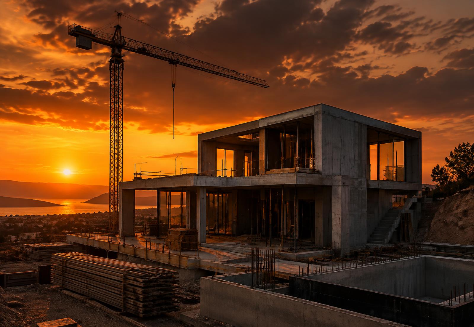 Șantier de construcții cu structură de beton la apus